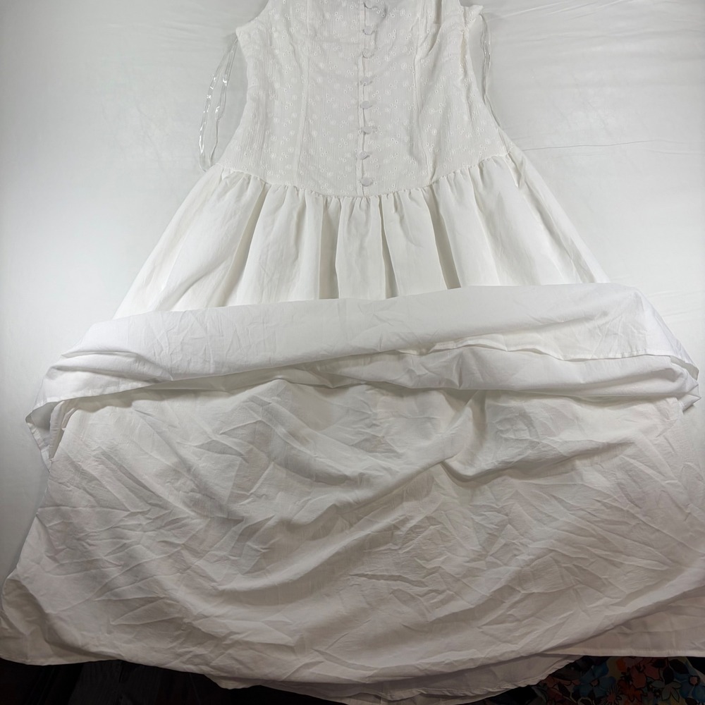 Cottagecore White Eyelet Drop Waist Midi Dress Sleeveless Cotton Size Small - Picture 6 of 11